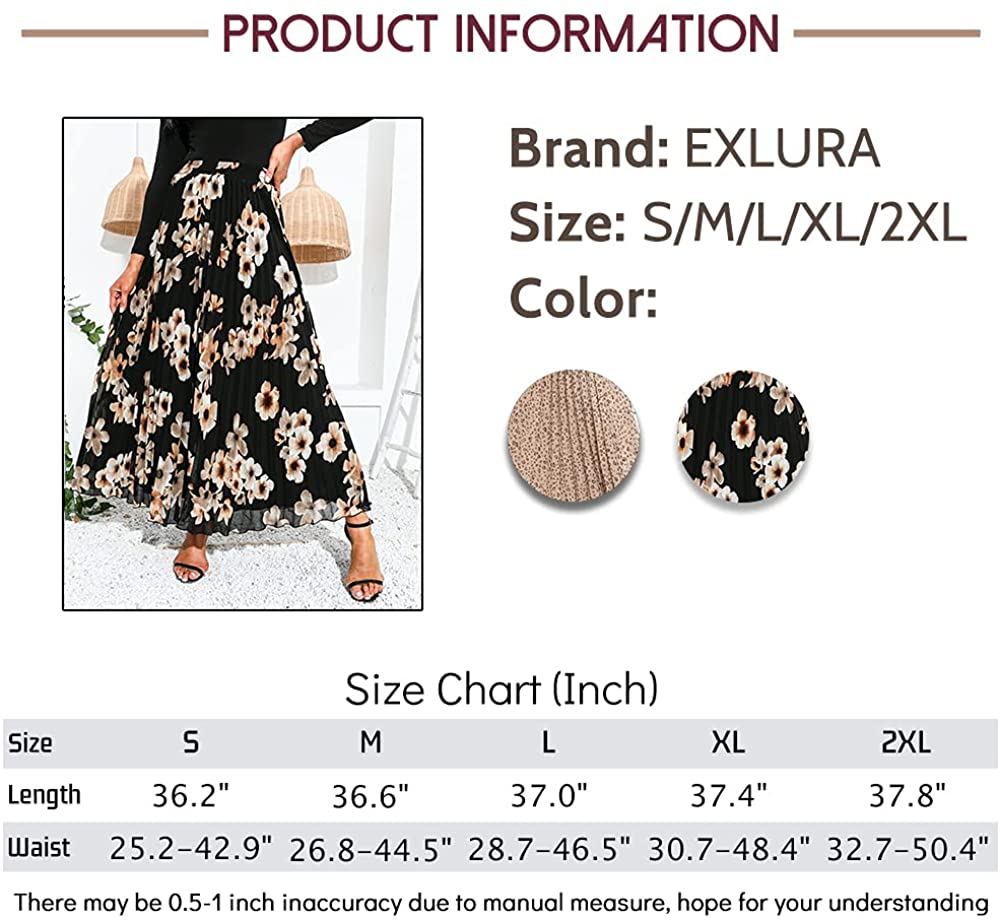 EXLURA Women's Floral Printed Chiffon Elastic High Waist Pleated Long Maxi Skirt