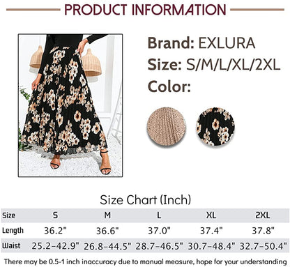 EXLURA Women's Floral Printed Chiffon Elastic High Waist Pleated Long Maxi Skirt