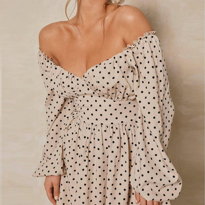 EXLURA Women's Polka Dot Off Shoulder Ruffled Chiffon Mini Dress Long Lantern Sleeve A-line Dresses Deep V-Neck Casual Dress