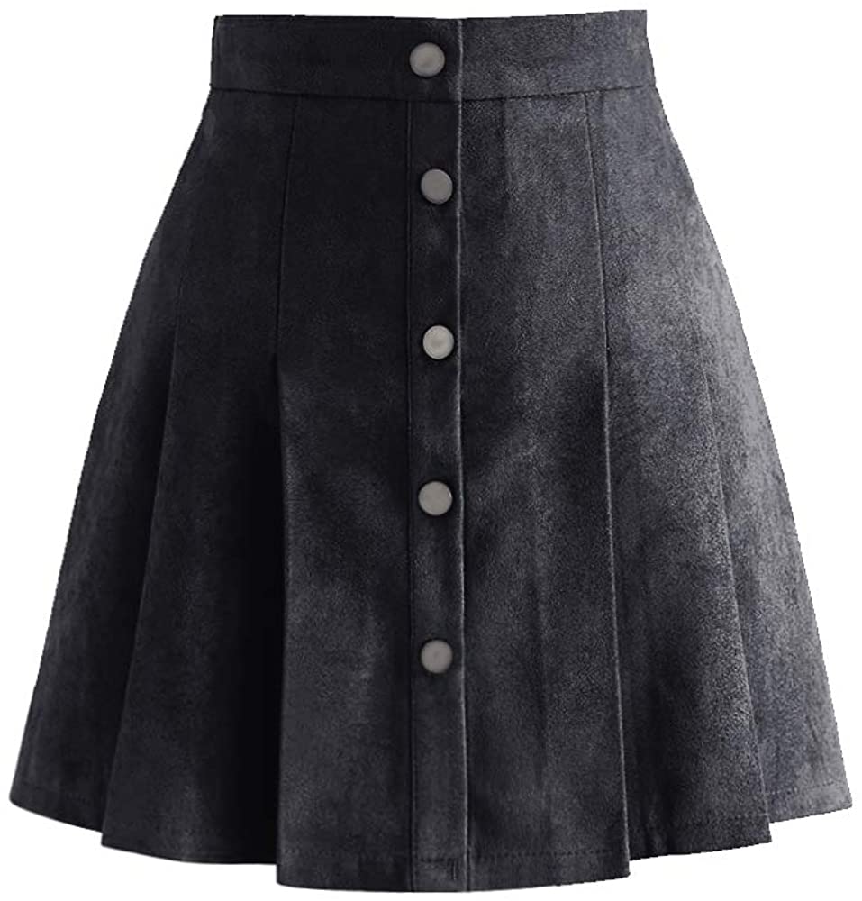 Exlura Womens Faux Suede High Waist Pleated Short Skirt Elastic Button Front Skater Mini Skirt