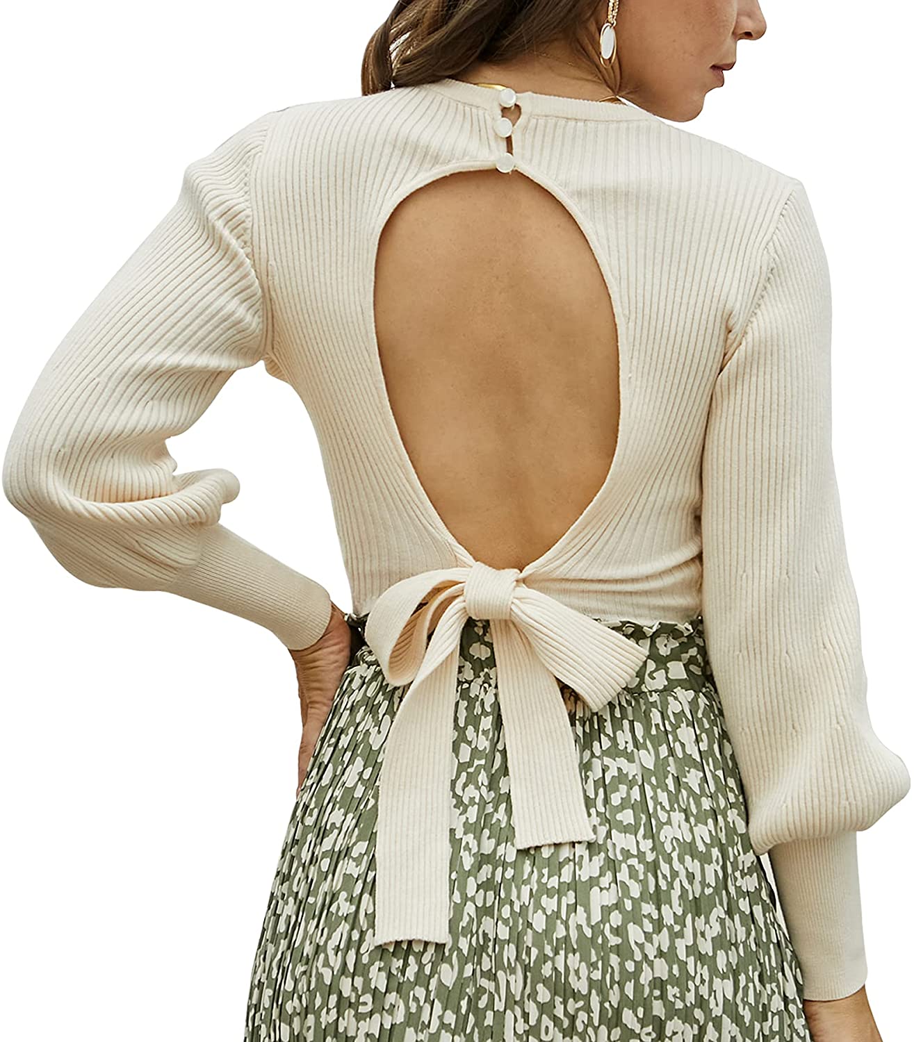 EXLURA Women's Lantern Sleeve Sweater Backless Round Neck Tie Back Knot Lightweight Tops