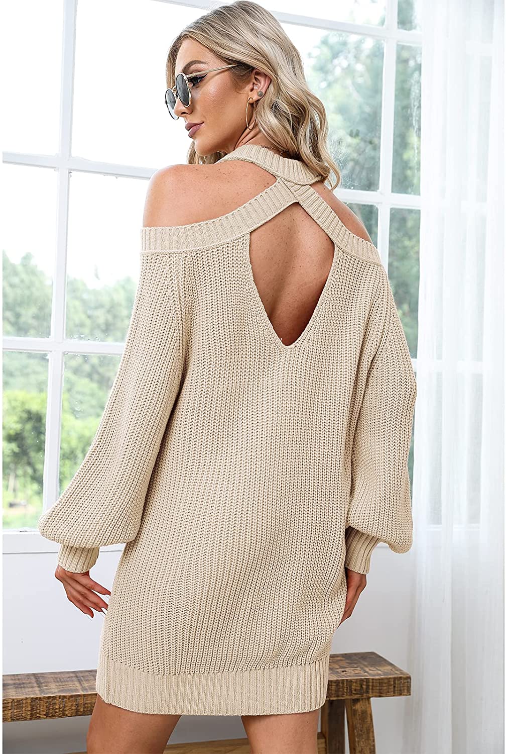 Byinns Women's Off Shoulder Halterneck Long Bell Sleeve Pullover Cold Shoulder Backless Cute Mini Sweater Dress