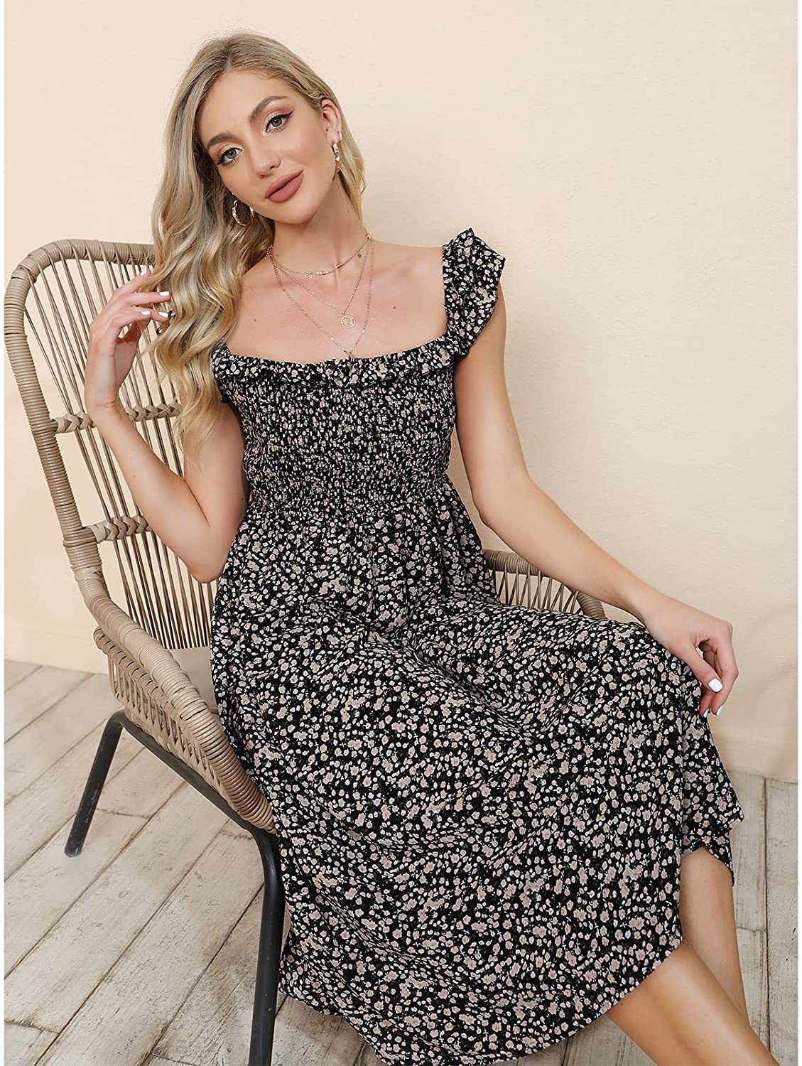 EXLURA Women's Sleeveless Dress Square Neck Floral Print High Waist A-line Ruffle Smocked Backless Midi Dress