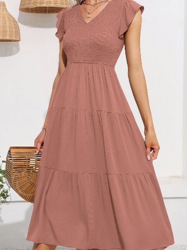 EXLURA Women's Summer Flowy Midi Dress - V Neck Smocked Ruffle Flutter Short Sleeve Boho Wedding Guest Dress
