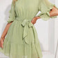 Flowy Mini Dress - Round Neck Belted Swiss Dot Bell Short Sleeve
