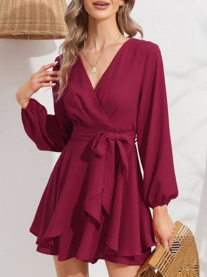 EXLURA Women’s Dressy Jumpsuit V Neck Puff Long Sleeve Waist Tie Ruffle Flowy Faux Wrap Jumpsuits Club Party Cocktail Wedding Guest Rompers