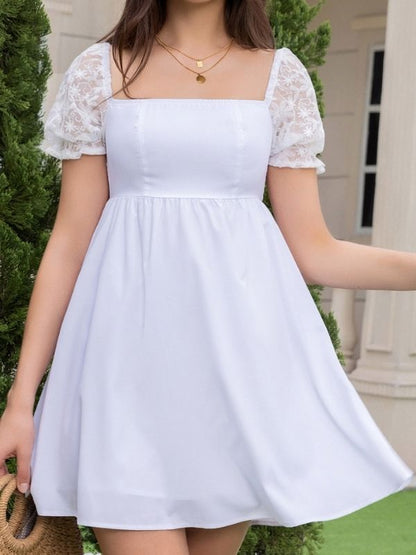 Square Neck Lace Short Puff Sleeve Dress