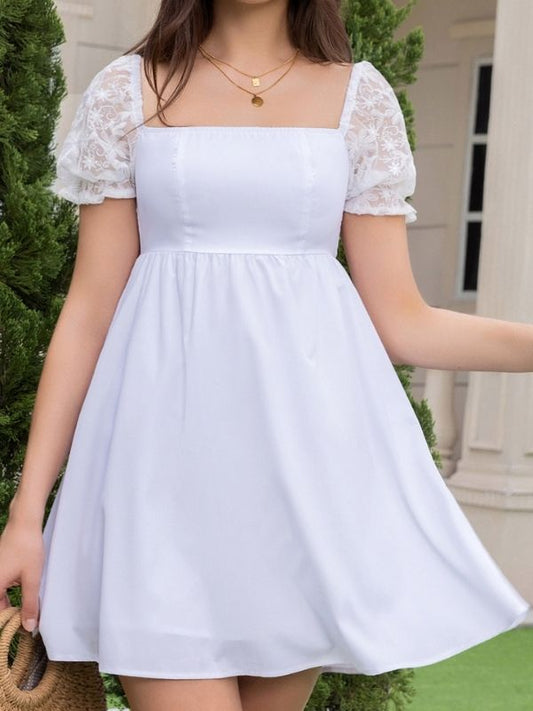 Square Neck Lace Short Puff Sleeve Dress