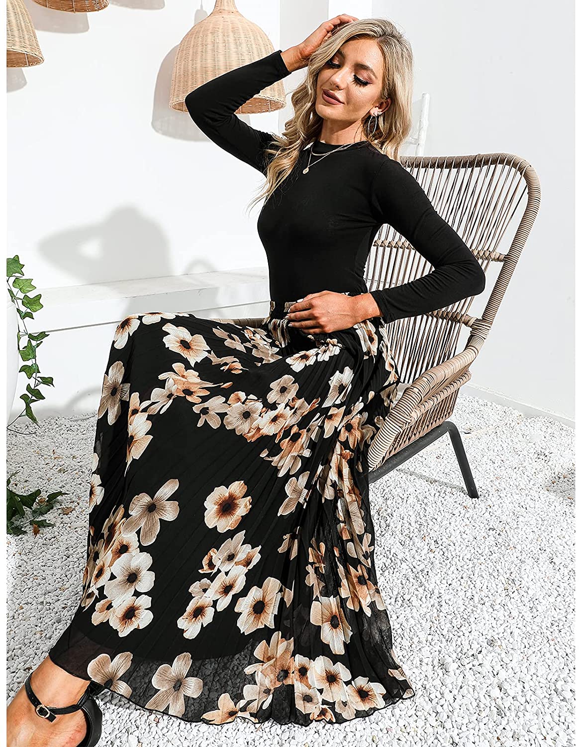 EXLURA Women's Floral Printed Chiffon Elastic High Waist Pleated Long Maxi Skirt