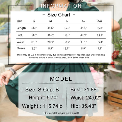 Exlura Women’s V Neck Summer Ruffle Dress Sundress Tiered Smocked Tie Front Short Puff Sleeve Swing Mini Dress