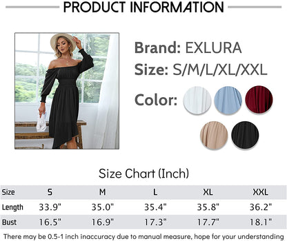 EXLURA Women's Tie Back Asymmetrical Hem Off Shoulder A-line Dresses Long Lantern Sleeve Ruffle Midi Dress