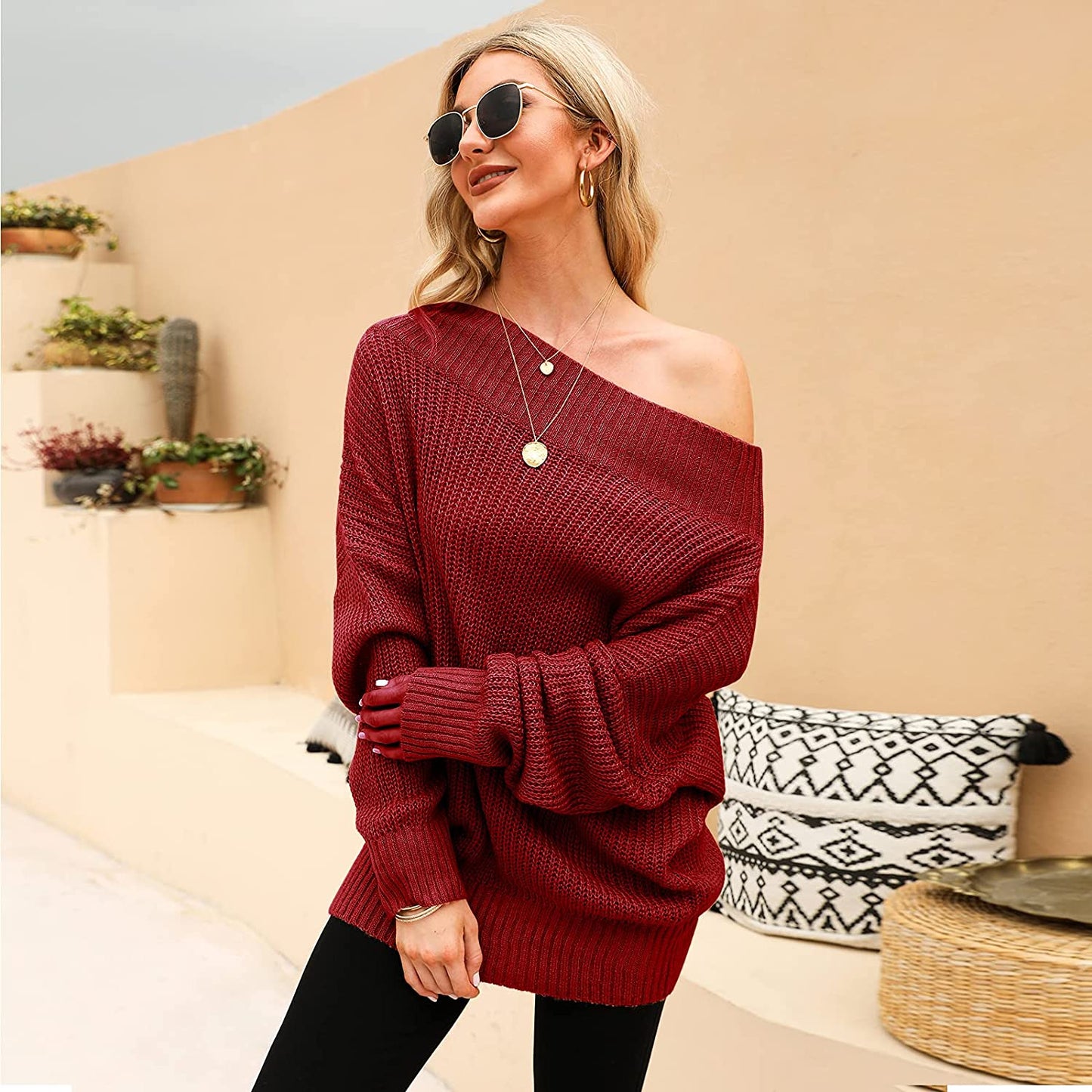EXLURA Women's 024 New Off Shoulder Sweater Batwing Sleeve Loose Oversized Pullover Knit Jumper