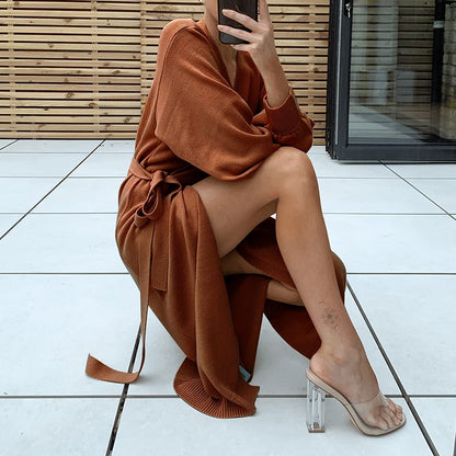 EXLURA Womens Knit Sweater Dress Casual Solid Long Sleeve Wrap Maxi Dresses with Belt