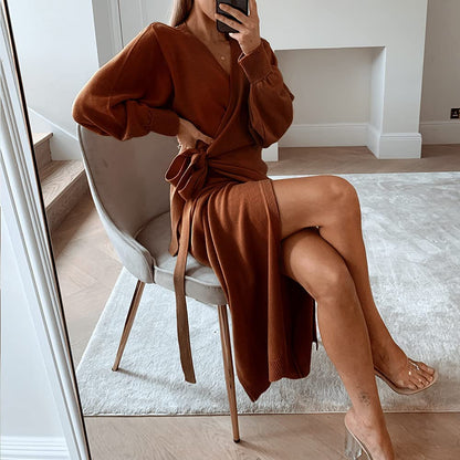 EXLURA Womens Knit Sweater Dress Casual Solid Long Sleeve Wrap Maxi Dresses with Belt
