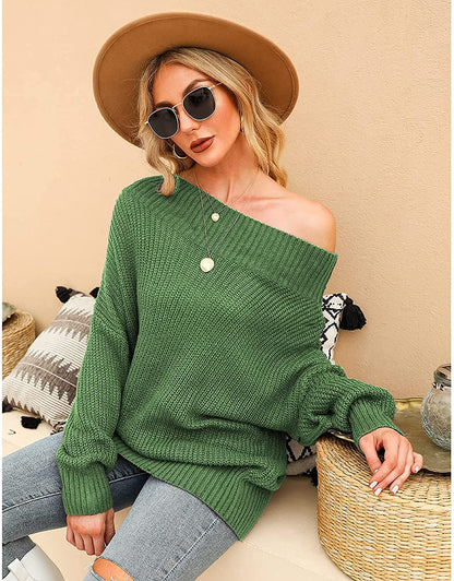 EXLURA Women's 024 New Off Shoulder Sweater Batwing Sleeve Loose Oversized Pullover Knit Jumper