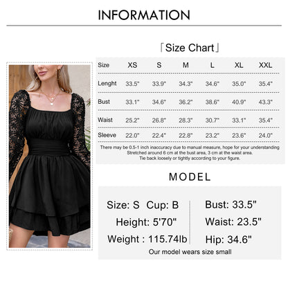 KRDR302EXLURA Women’s Lace Long Puff Sleeve Mini Dress Square Neck Backless Short Swing Party Dress Tie Back Bridesmaid Wedding Guest Dresses