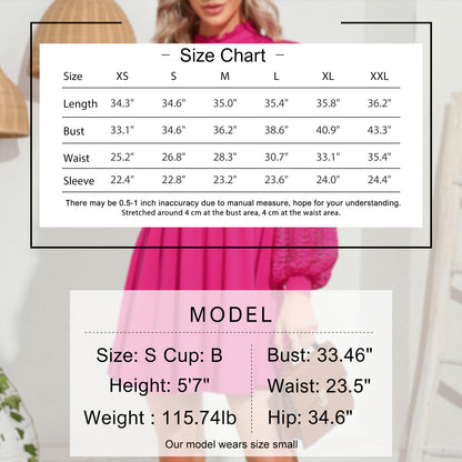 EXLURA Women’s Lace Tshirt Mini Dress Ruffle High Neck Long Puff Sleeve Swing Dress Flowy Wedding Guest Dresses