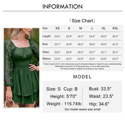 KRDR302EXLURA Women’s Lace Long Puff Sleeve Mini Dress Square Neck Backless Short Swing Party Dress Tie Back Bridesmaid Wedding Guest Dresses