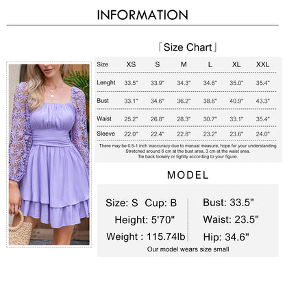 KRDR302EXLURA Women’s Lace Long Puff Sleeve Mini Dress Square Neck Backless Short Swing Party Dress Tie Back Bridesmaid Wedding Guest Dresses