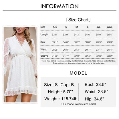 BYINNS Women’s Swiss Dot V Neck Ruffle Mini Dress Long Puff Sleeve Dress Elegant Vintage Cocktail Wedding Guest Dress