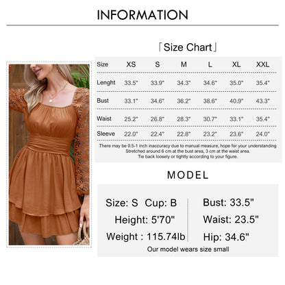 KRDR302EXLURA Women’s Lace Long Puff Sleeve Mini Dress Square Neck Backless Short Swing Party Dress Tie Back Bridesmaid Wedding Guest Dresses