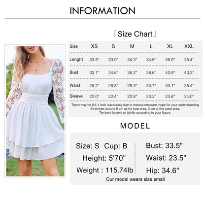 KRDR302EXLURA Women’s Lace Long Puff Sleeve Mini Dress Square Neck Backless Short Swing Party Dress Tie Back Bridesmaid Wedding Guest Dresses