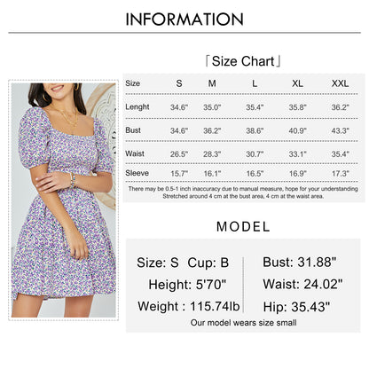 Byinns Women’s Square Neck Ruffle Mini Dress Smocked Cut Out Ditsy Floral Backless Tiered Puff Short Sleeve Dress