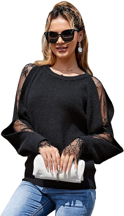 EXLURA Women's Long Sleeve Sweater Cold Shoulder Round Neck Lace Patchwork Tops Chunky Casual Pullover Sweater