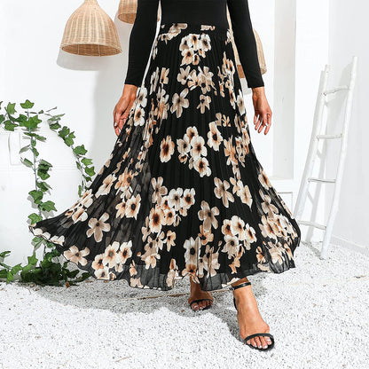 EXLURA Women's Floral Printed Chiffon Elastic High Waist Pleated Long Maxi Skirt
