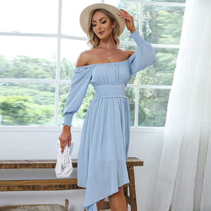 EXLURA Women's Tie Back Asymmetrical Hem Off Shoulder A-line Dresses Long Lantern Sleeve Ruffle Midi Dress