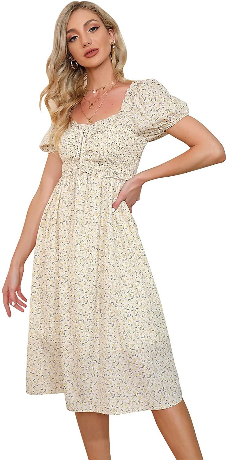 EXLURA Womens Square Neck Dress Puff Short Sleeve High Waist Smocked Ruffle Floral Sweetheart Neckline A-line Midi Dress