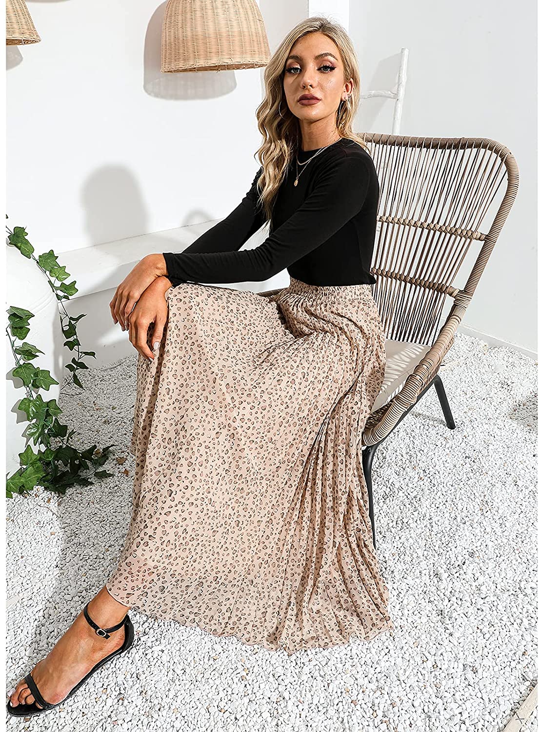 EXLURA Women's Floral Printed Chiffon Elastic High Waist Pleated Long Maxi Skirt