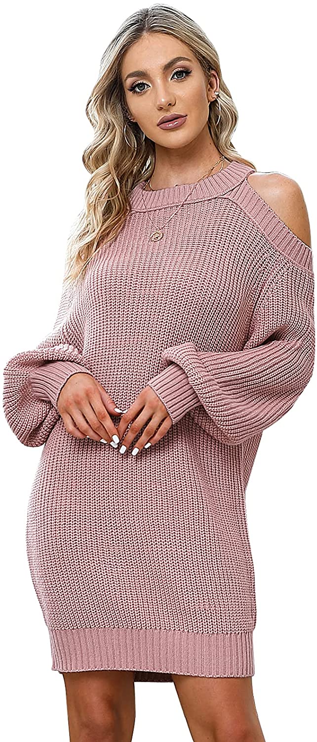 Byinns Women's Off Shoulder Halterneck Long Bell Sleeve Pullover Cold Shoulder Backless Cute Mini Sweater Dress