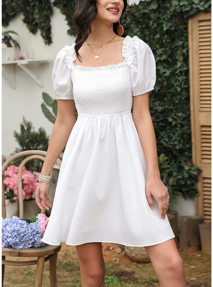 Byinns Womens Square Neck Tie Back Ruffle Off Shoulder Dress Summer Smocked A-Line Flowy Casual Mini Dress