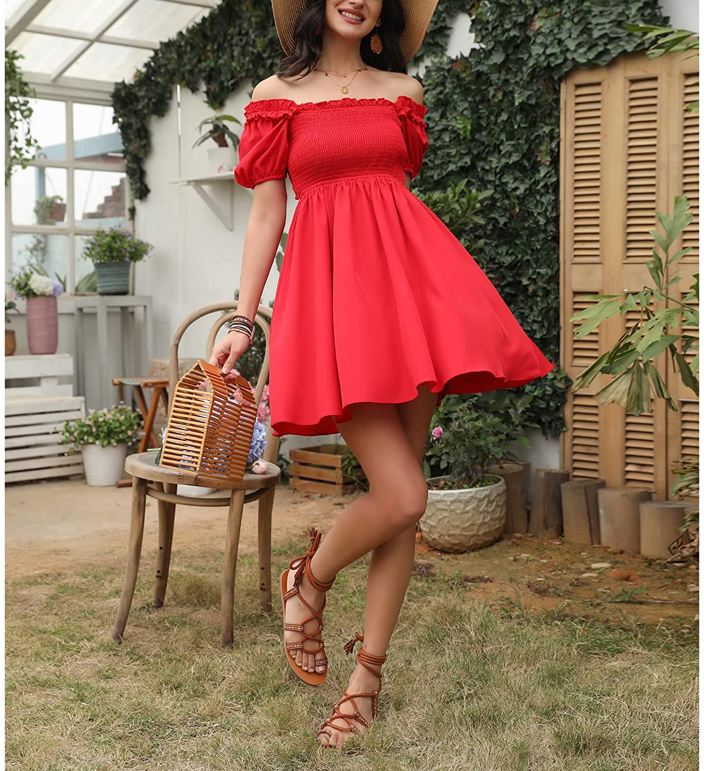 Byinns Womens Square Neck Tie Back Ruffle Off Shoulder Dress Summer Smocked A-Line Flowy Casual Mini Dress