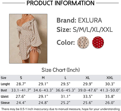 EXLURA Women's Polka Dot Off Shoulder Ruffled Chiffon Mini Dress Long Lantern Sleeve A-line Dresses Deep V-Neck Casual Dress