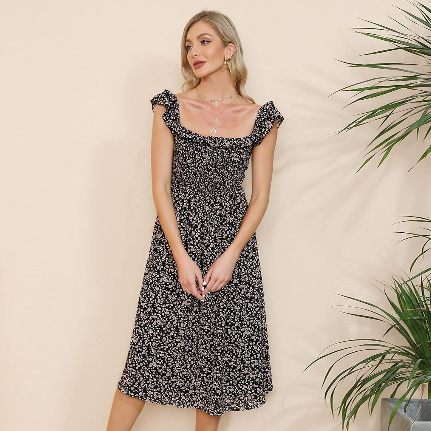 EXLURA Women's Sleeveless Dress Square Neck Floral Print High Waist A-line Ruffle Smocked Backless Midi Dress