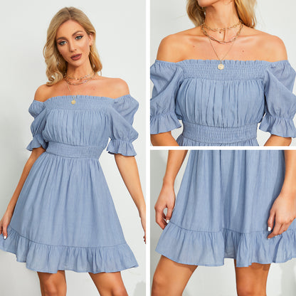 Exlura Women’s High Waist Square Neck Mini Dress Off Shoulder Smocked Puff Short Sleeve Summer Short Ruffle Dress