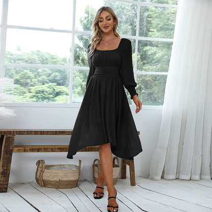 EXLURA Women's Tie Back Asymmetrical Hem Off Shoulder A-line Dresses Long Lantern Sleeve Ruffle Midi Dress
