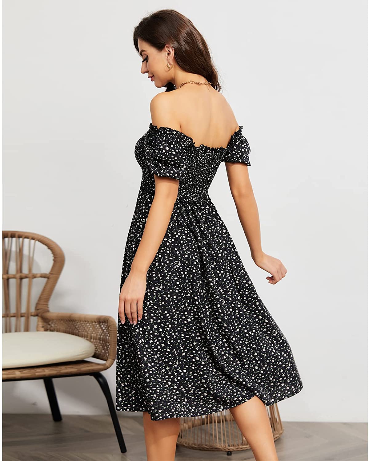 EXLURA Womens Square Neck Dress Puff Short Sleeve High Waist Smocked Ruffle Floral Sweetheart Neckline A-line Midi Dress