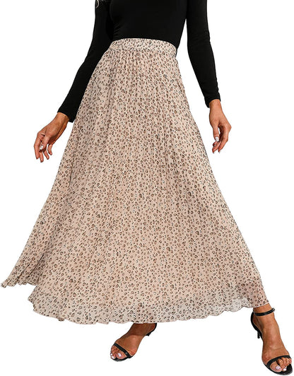 EXLURA Women's Floral Printed Chiffon Elastic High Waist Pleated Long Maxi Skirt