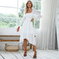 EXLURA Women's Tie Back Asymmetrical Hem Off Shoulder A-line Dresses Long Lantern Sleeve Ruffle Midi Dress