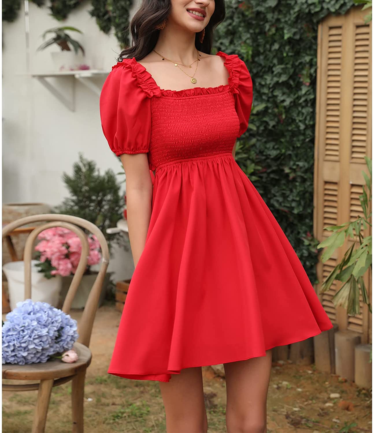 Byinns Womens Square Neck Tie Back Ruffle Off Shoulder Dress Summer Smocked A-Line Flowy Casual Mini Dress
