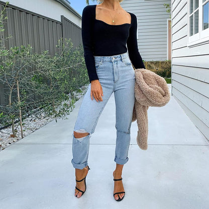 Exlura Women's Square Neck Ribbed Knitted Crop Sweater Long Sleeve Slim Fit Pullover Tops