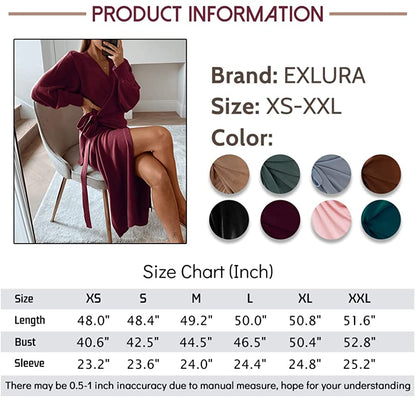 EXLURA Womens Knit Sweater Dress Casual Solid Long Sleeve Wrap Maxi Dresses with Belt