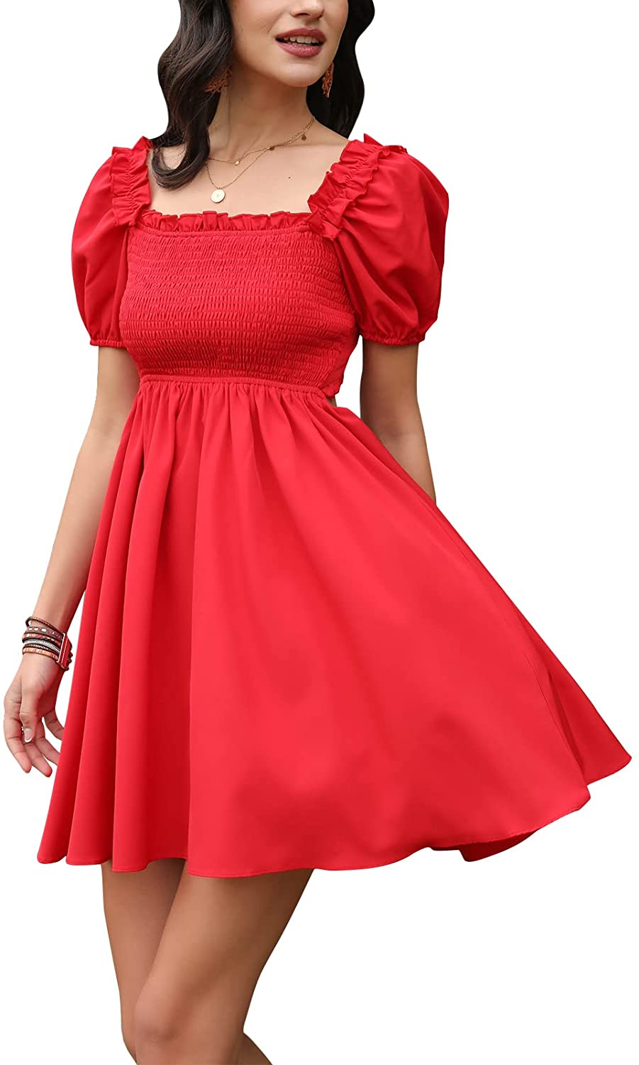 Byinns Womens Square Neck Tie Back Ruffle Off Shoulder Dress Summer Smocked A-Line Flowy Casual Mini Dress