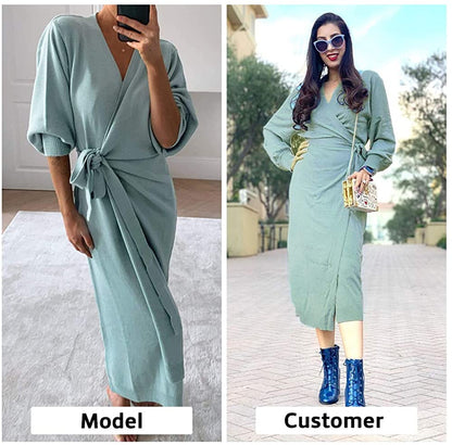 EXLURA Womens Knit Sweater Dress Casual Solid Long Sleeve Wrap Maxi Dresses with Belt